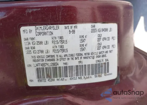 2000 Jeep Cherokee Sport z USA, uszkodzony, nr VIN 1J4FF48S7YL129654